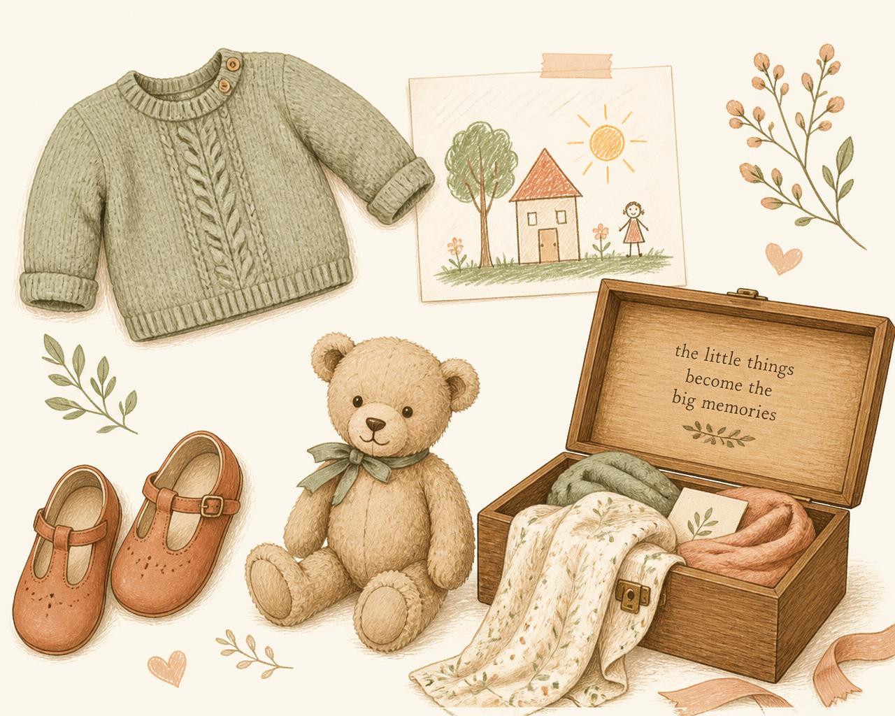 Illustrated collage of a baby sweater, a child's drawing, little shoes, a teddy bear, and an open memory box